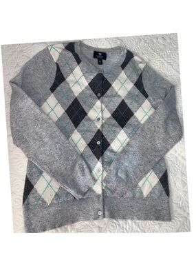 Lands End Gray Argyle Cashmere Cardigan Sweater